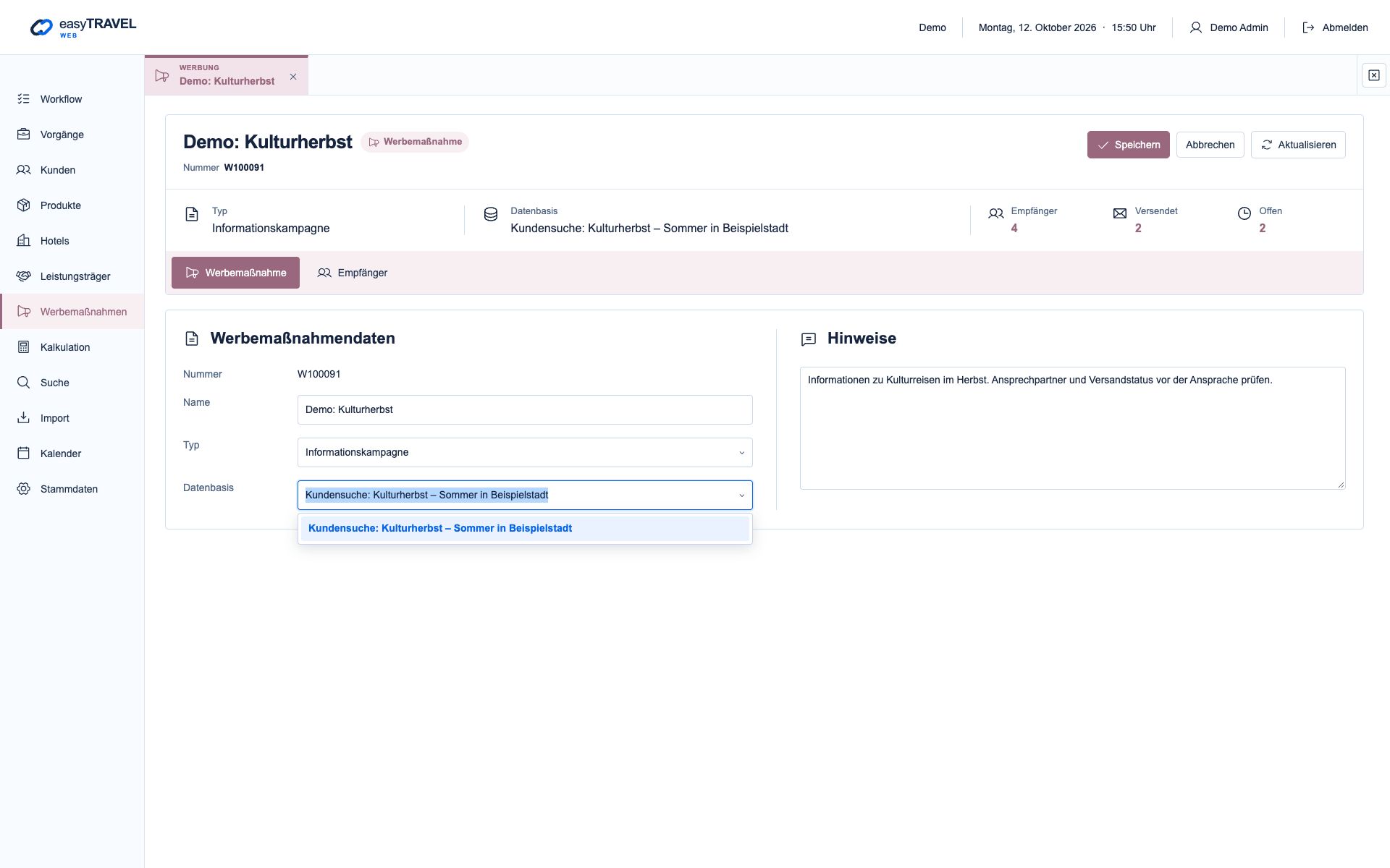 Aktuelle neue easyTRAVEL Webapp: Gespeicherte Suche als Datenbasis