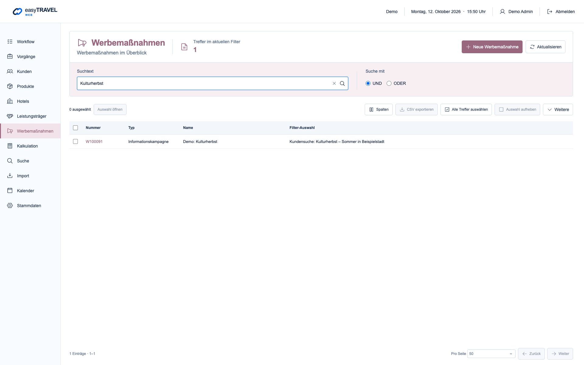 Aktuelle neue easyTRAVEL Webapp: Werbemaßnahmen mit eigener W-Nummer