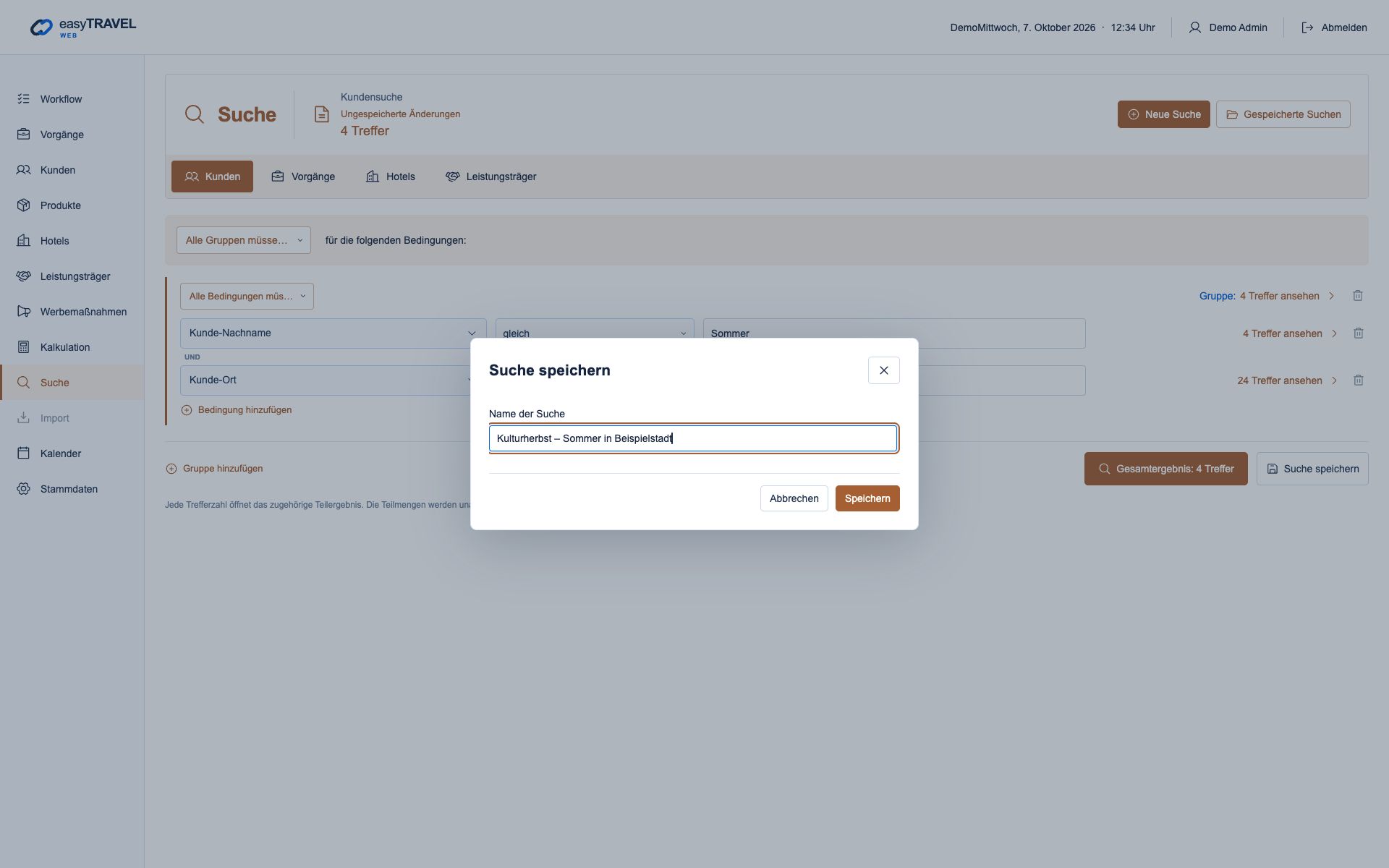 easyTRAVEL Web: Schritt 2 – Den Suchaufbau speichern