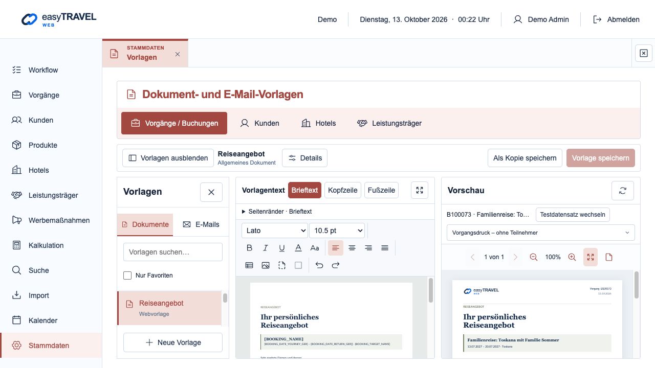 Aktuelle neue easyTRAVEL Webapp: Aktueller Vorlageneditor mit Reiseangebot und PDF-Vorschau