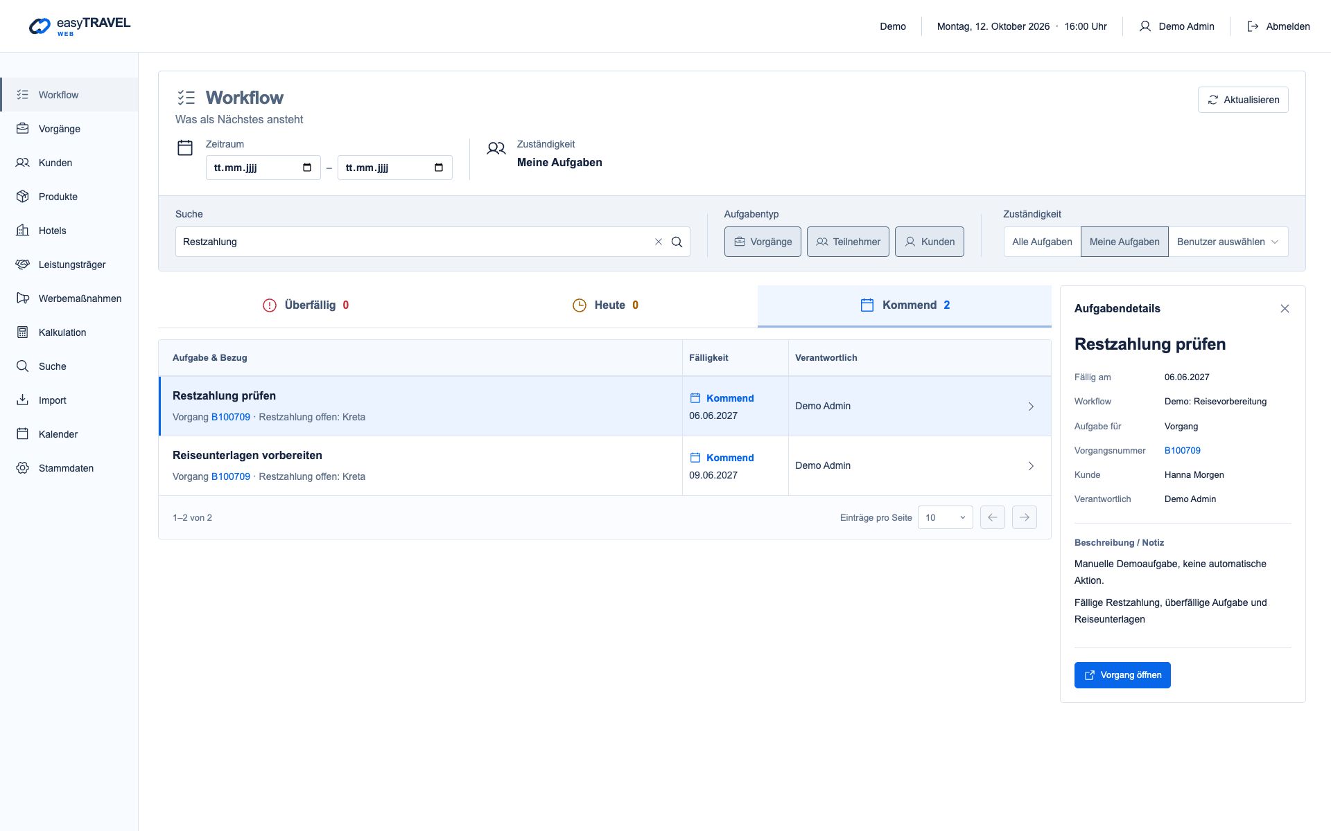 Gemeinsame Workflow-Liste mit Zuständigkeit, Fälligkeiten und Aufgabendetails